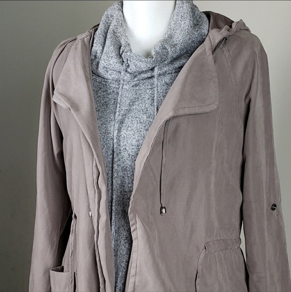 Becool Tan Hooded Utility Jacket Coat Women's Medium Drawstring Roll Tab Sleeves - Picture 7 of 11